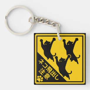 Japanese Cat Warning Sign – “Cats May Jump Out" Keychain
