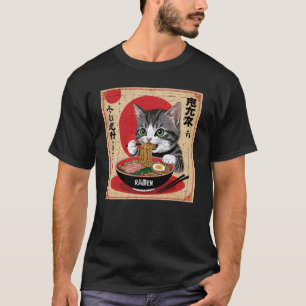 Japanese cat with green eyes eating ramen design o T-Shirt