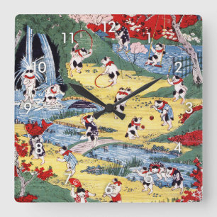 Japanese Cats Country, Utagawa Kunitoshi Square Wall Clock