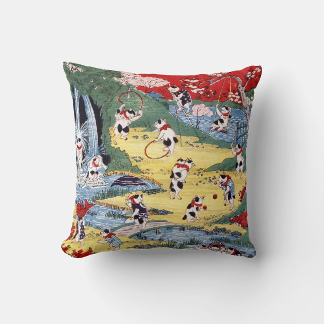 Japanese Cats Country, Utagawa Kunitoshi Throw Pillow (Front)