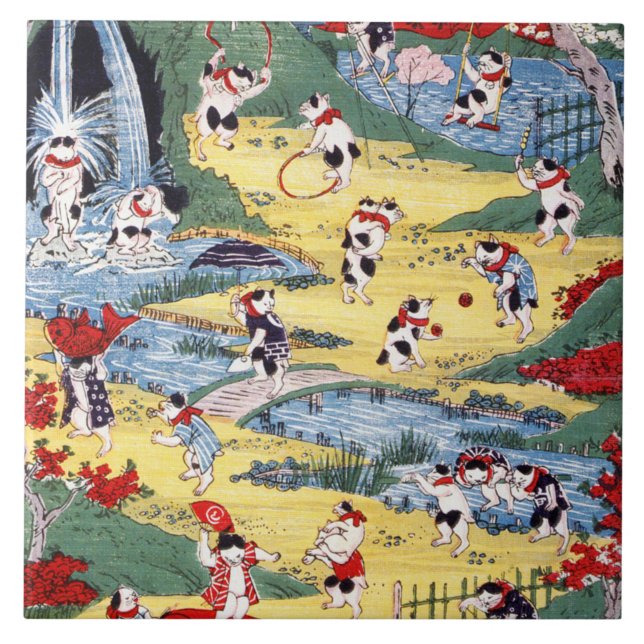 Japanese Cats Country, Utagawa Kunitoshi Tile (Front)