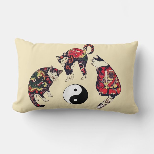 JAPANESE CATS ,DRAGON RED DEVIL TATTOOS,YIN YANG  LUMBAR PILLOW (Front)