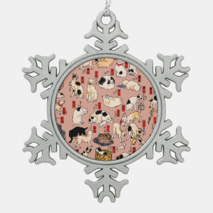 Japanese Cats Ukiyo-e Art Funny Snowflake Pewter Christmas Ornament