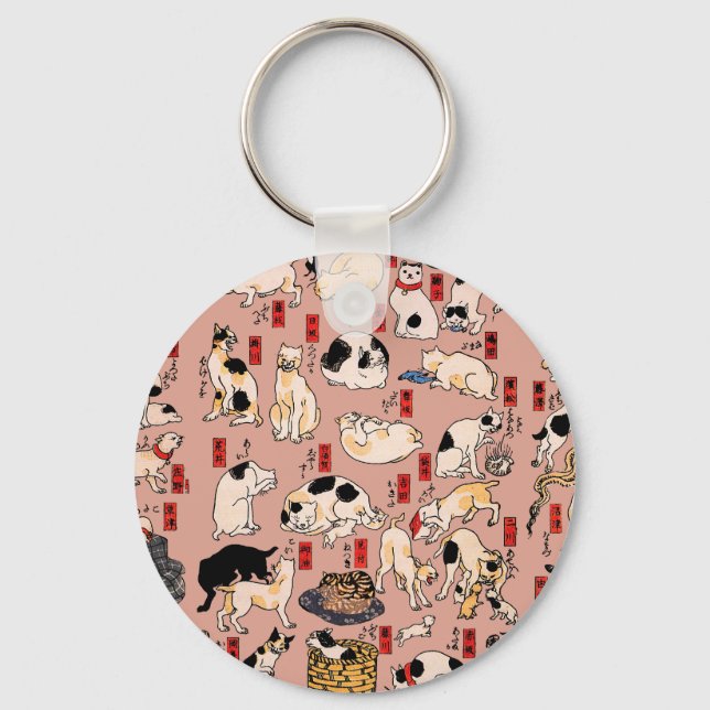 japanese cats Ukiyo-e Funny kitty Keychain (Front)
