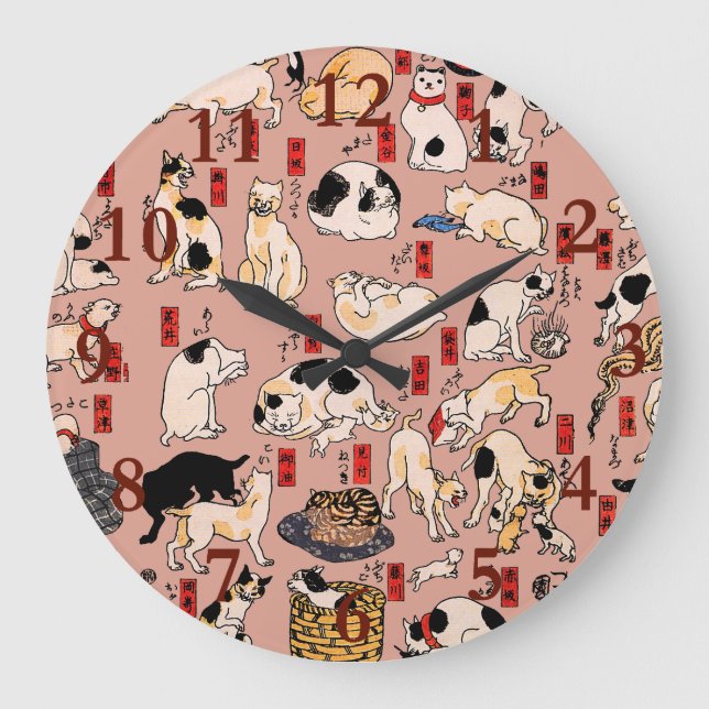 japanese cats Ukiyo-e Funny kitty Large Clock (Front)