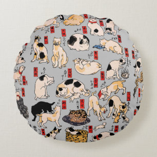 Japanese Cats Ukiyo-e Funny Round Pillow