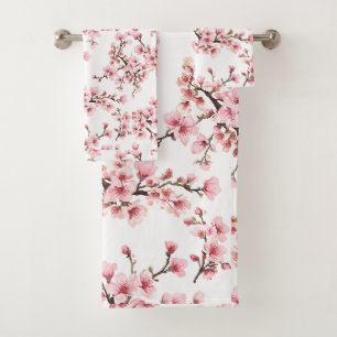 Japanese Cherry Blossom Blush Pink Blue Bath Towel Set