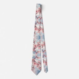 Japanese Cherry Blossom Blush Pink Blue Tie