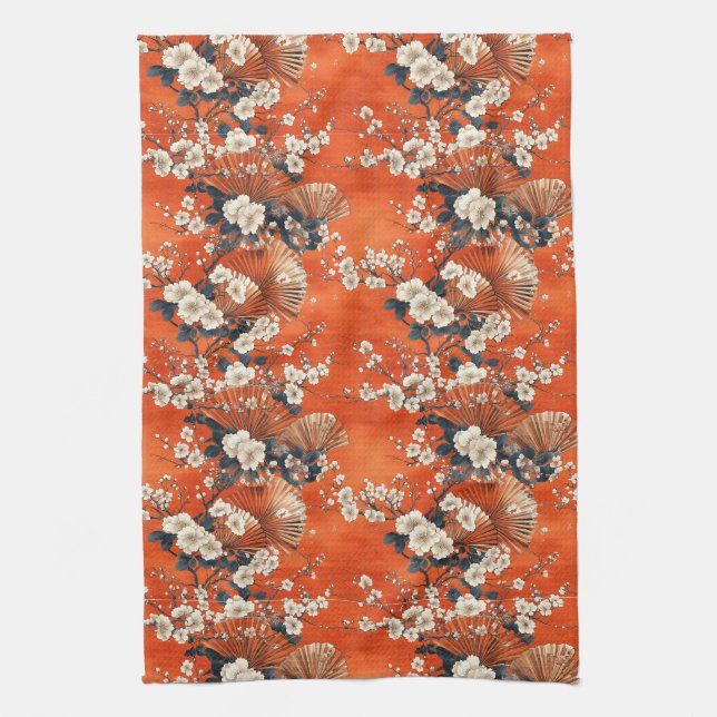 Japanese Cherry Blossom Fan Pattern (1) Kitchen Towel (Vertical)