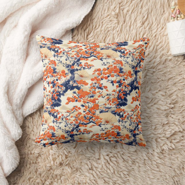 Japanese Cherry Blossom Fan Pattern (2) Throw Pillow (Blanket)