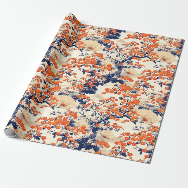 Japanese Cherry Blossom Fan Pattern (2) Wrapping Paper (Unrolled)