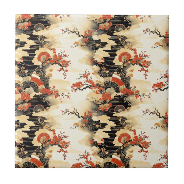 Japanese Cherry Blossom Fan Pattern (3) Tile (Front)