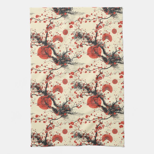 Japanese Cherry Blossom Fan Pattern (4) Kitchen Towel (Vertical)