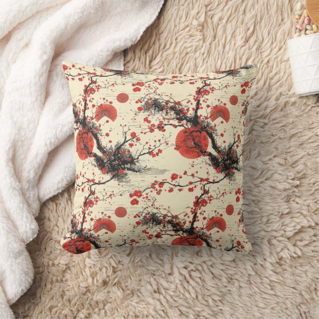 Japanese Cherry Blossom Fan Pattern (4) Throw Pillow (Blanket)