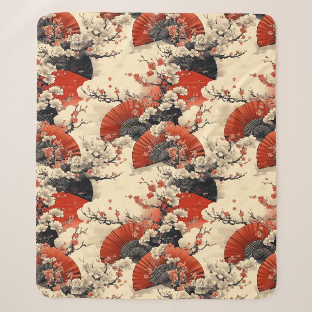 Japanese Cherry Blossom Fan Pattern (5) Sherpa Blanket (Front)