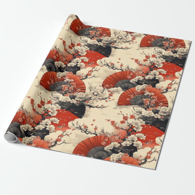 Japanese Cherry Blossom Fan Pattern (5) Wrapping Paper (Unrolled)