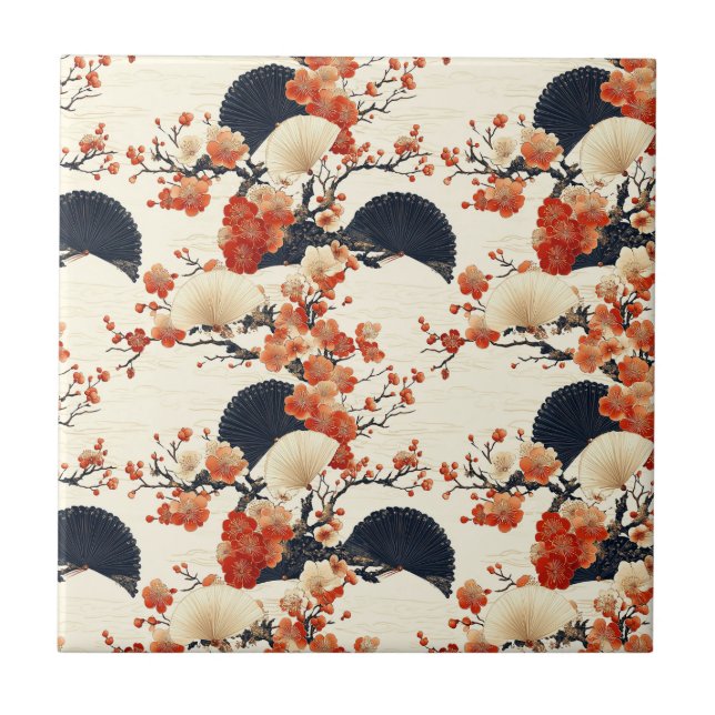 Japanese Cherry Blossom Fan Pattern (6) Tile (Front)