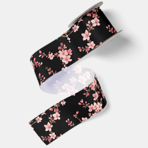 Japanese Cherry Blossom Floral Blush Pink Black Satin Ribbon