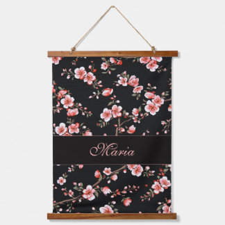 Japanese Cherry Blossom monogram Blush Pink Black Hanging Tapestry