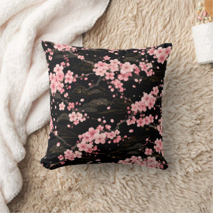 Japanese Cherry Blossom monogram Blush Pink black Throw Pillow