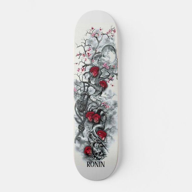 Japanese Cherry Blossom Moon Rose Skull Skateboard (Front)