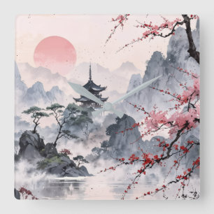 Japanese Cherry Blossom Mountain Landscape Wall Square Wall Clock
