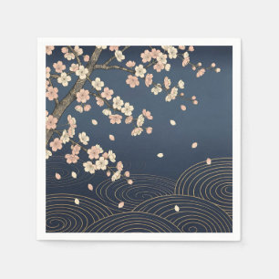 Japanese Cherry Blossom Navy Gold Wave Pattern Napkin