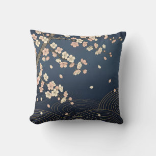 Japanese Cherry Blossom Navy Gold Wave Pattern Throw Pillow
