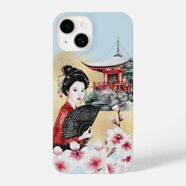 Japanese Cherry Blossom Pagoda Geisha Girl iPhone Case (Back)