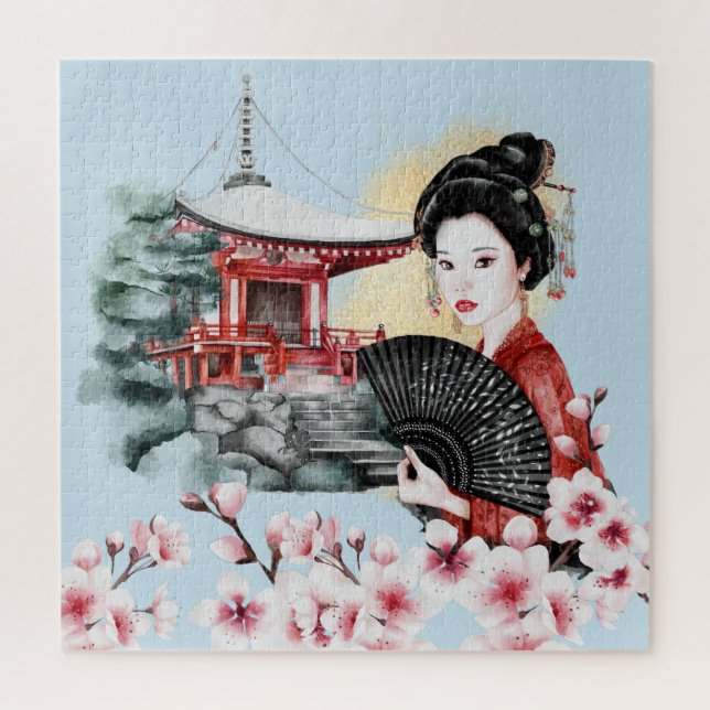 Japanese Cherry Blossom Pagoda Geisha Girl Jigsaw Puzzle (Vertical)