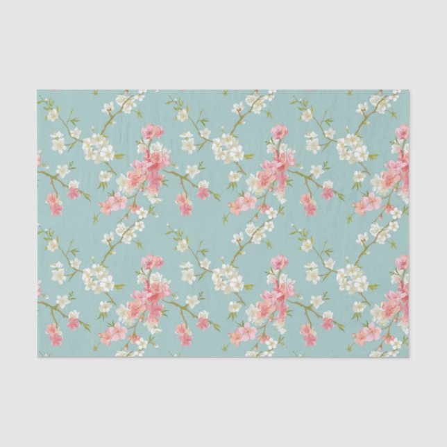 Japanese,cherry blossom,teal,white,pink,floral,fun tissue paper (Front)