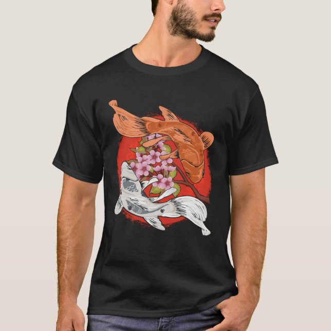 Japanese Cherry Blossom Tree Koi Fish Yin Yang Men T-Shirt (Front)
