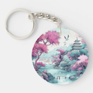 Japanese cherry blossom Watercolor Fantasy land Keychain