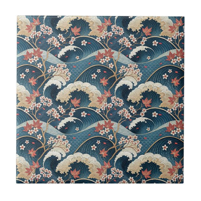Japanese Cherry Blossom & Waves Floral Pattern Art Tile (Front)