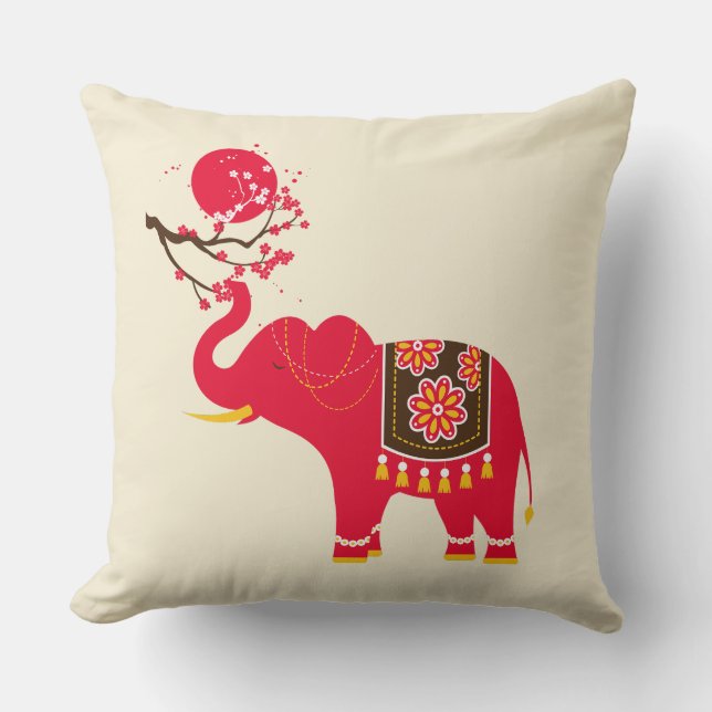 Japanese Cherry Blossom with Red Elephant Throw Pillow (Front)