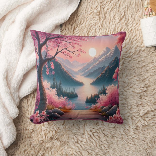 Japanese Cherry Blossoms Mountain Forest Landscape Throw Pillow (Blanket)