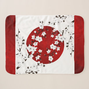 Japanese Cherry Blossoms Red Black White Sherpa Blanket