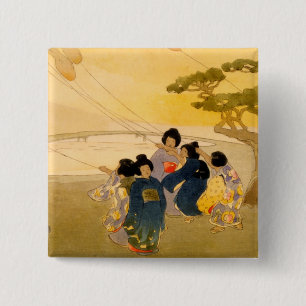 Japanese Children Flying Kites - Bertha Lum - 1913 2 Inch Square Button