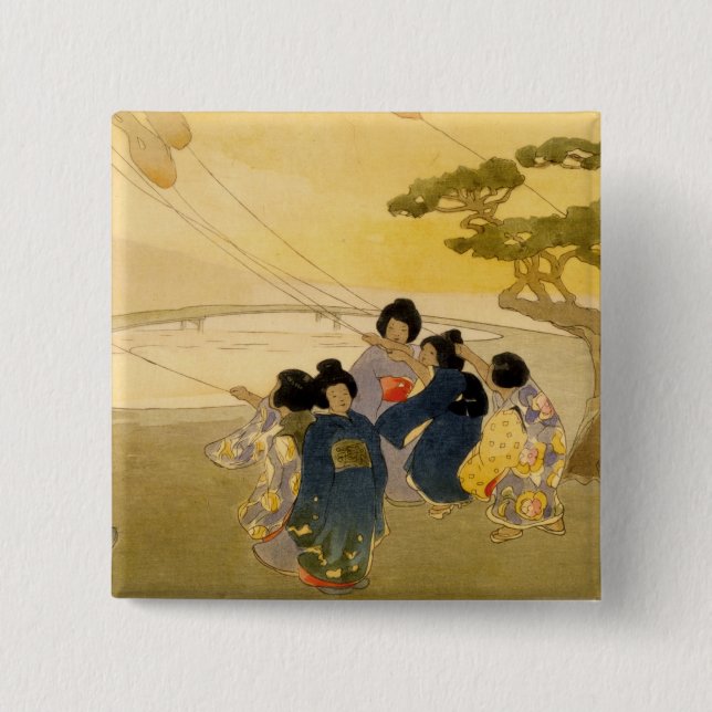Japanese Children Flying Kites - Bertha Lum - 1913 2 Inch Square Button (Front)