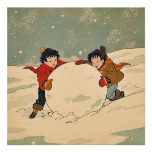 Japanese children rolling big snow ball poster