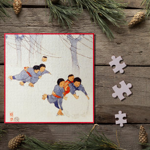 Japanese children rolling large snow balls jigsaw puzzle