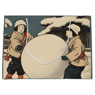 Japanese children rolling large snow balls large gift bag