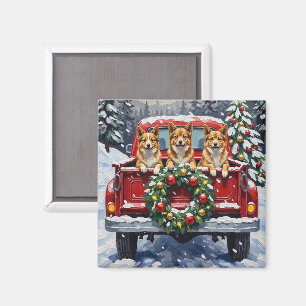 Japanese Chin Christmas Red Truck Holiday Magnet