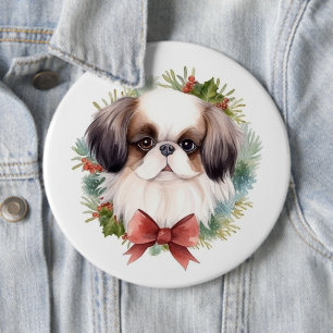Japanese Chin Christmas Wreath Festive Pup 6 Inch Round Button