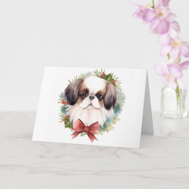 Japanese Chin Christmas Wreath Festive Pup Card (Orchid)