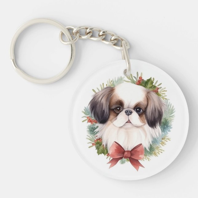 Japanese Chin Christmas Wreath Festive Pup Keychain (Front)