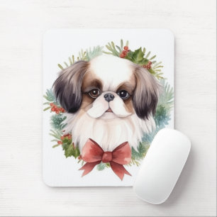 Japanese Chin Christmas Wreath Festive Pup Mouse Pad