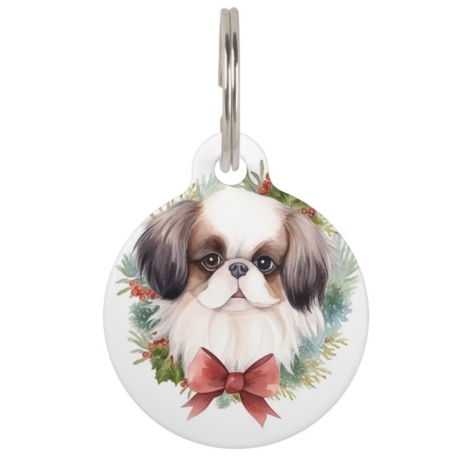 Japanese Chin Christmas Wreath Festive Pup Pet Tag (Front)