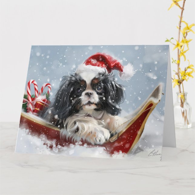 Japanese Chin Dog Christmas Festive Card (Yellow Flower)