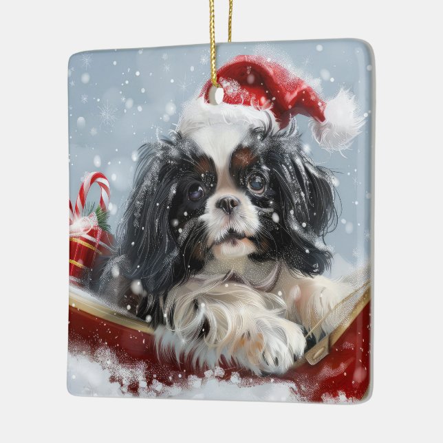 Japanese Chin Dog Christmas Festive Ceramic Ornament (Left)